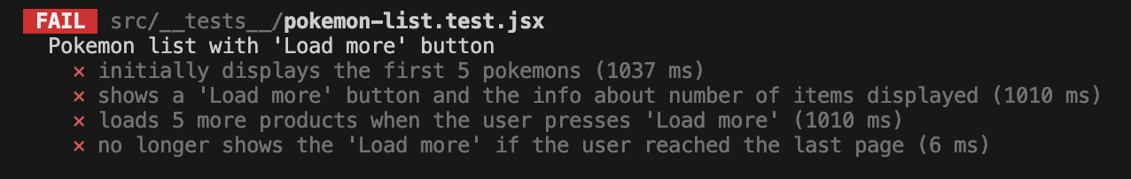 Build a paginated Pokemons list with a "Load more" button - starting from failing unit tests!