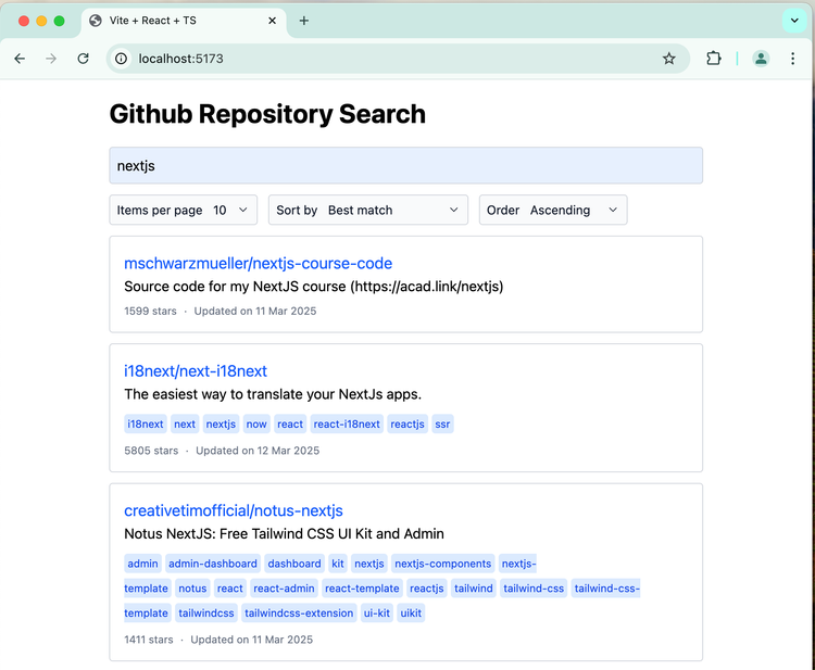 Build a Github repositories search page with sorting and pagination